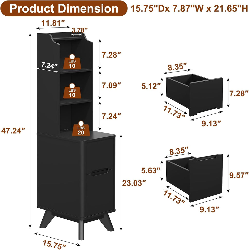 Tall Nightstand with Charging Station, Narrow Side Table with Bookshelf, 47' Tall Free Standing Wooden Night Stand with 2 Drawers and 4 Open-Shelves, Modern End Bedside Table for Bedroom, Black