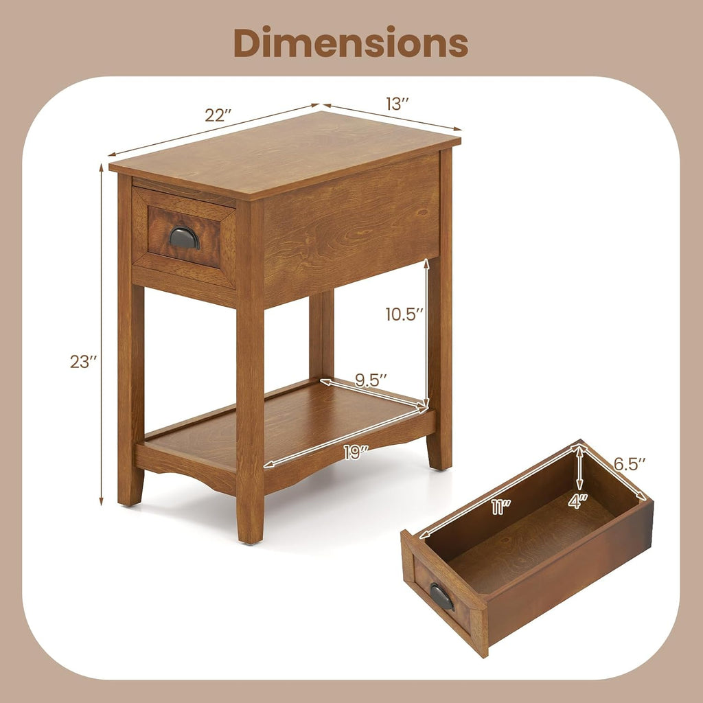 GOFLAME Narrow End Table with Drawer, Retro Sofa Side Table with Storage Shelf & Solid Rubber Wood Legs, Farmhouse Bedside Tables, Rustic Nightstand for Living Room, Bedroom, Light Brown (2)