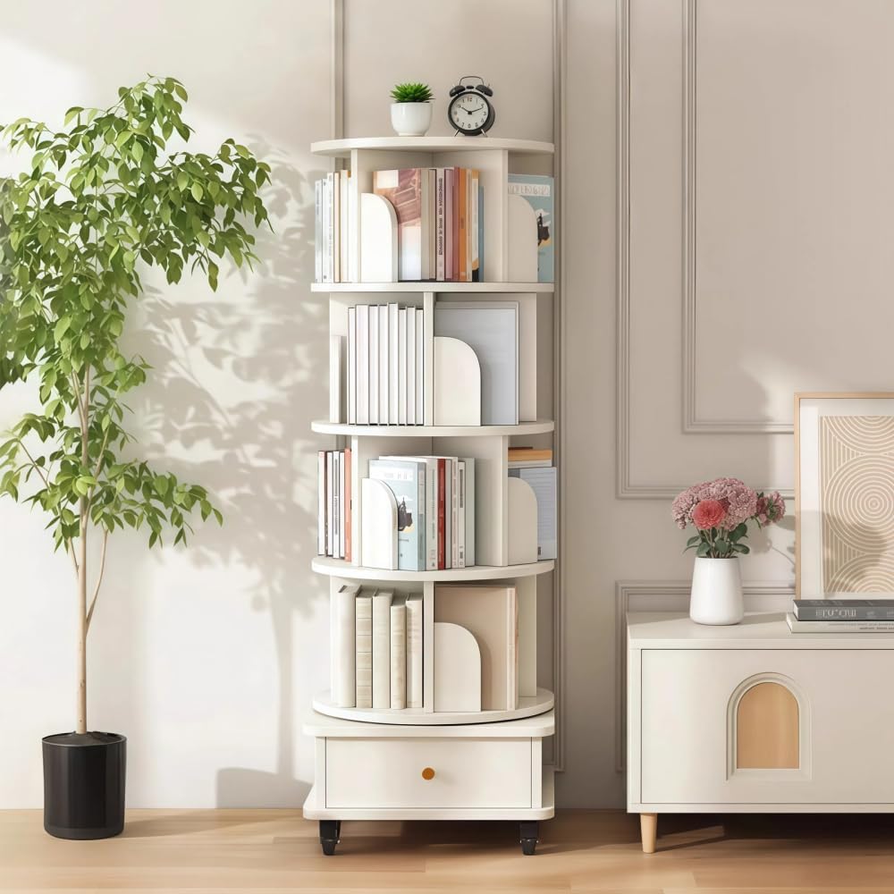 360° Rotating Bookshelf with Drawer and Wheels, 5 Tier Tall Bookcase for Small Spaces, Corner Shelf for Bedroom, Living Room, Office, Wood Bookshelf, White
