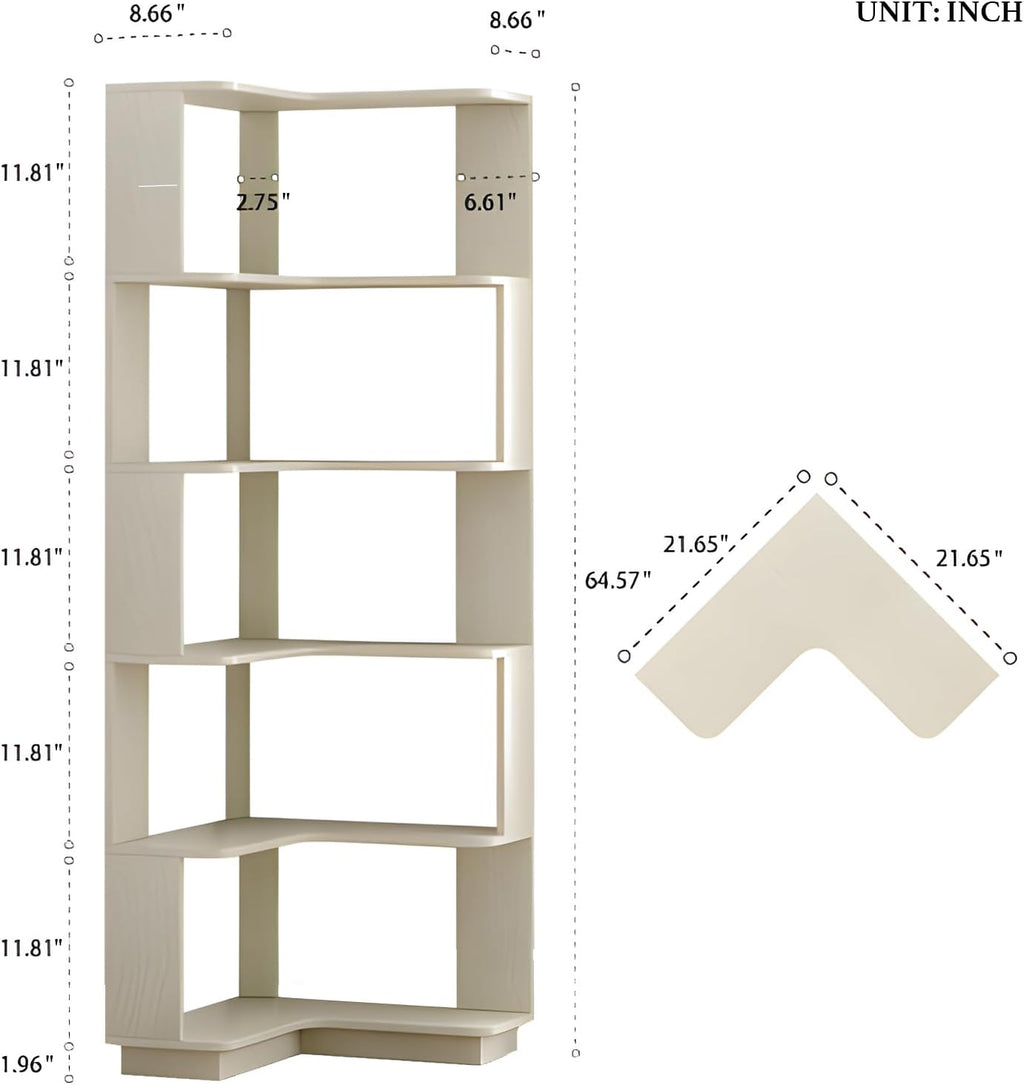 5 Tier Corner Bookshelf, Freestanding L-Shaped Wooden Bookcase with Open Shelves, Anti-Fall Panels and Anti-Tipping Device for Living Room, Bedroom, Home Office (White Oak)