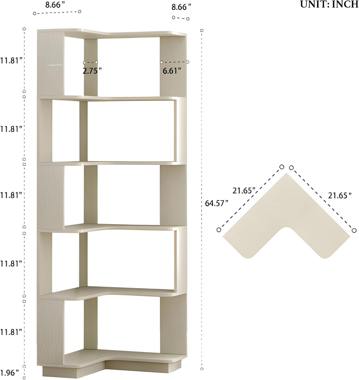5 Tier Corner Bookshelf, Freestanding L-Shaped Wooden Bookcase with Open Shelves, Anti-Fall Panels and Anti-Tipping Device for Living Room, Bedroom, Home Office (White Oak)