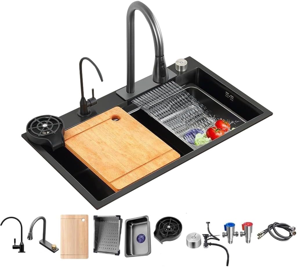Black Stainless Steel Waterfall Sink Single Bowl Kitchen Sink with Faucet and Cup Rinser, Deep Bar Sink Drop-In/Undermount Farmhouse Workstation Sink with Accessories (29.5x17.7in)