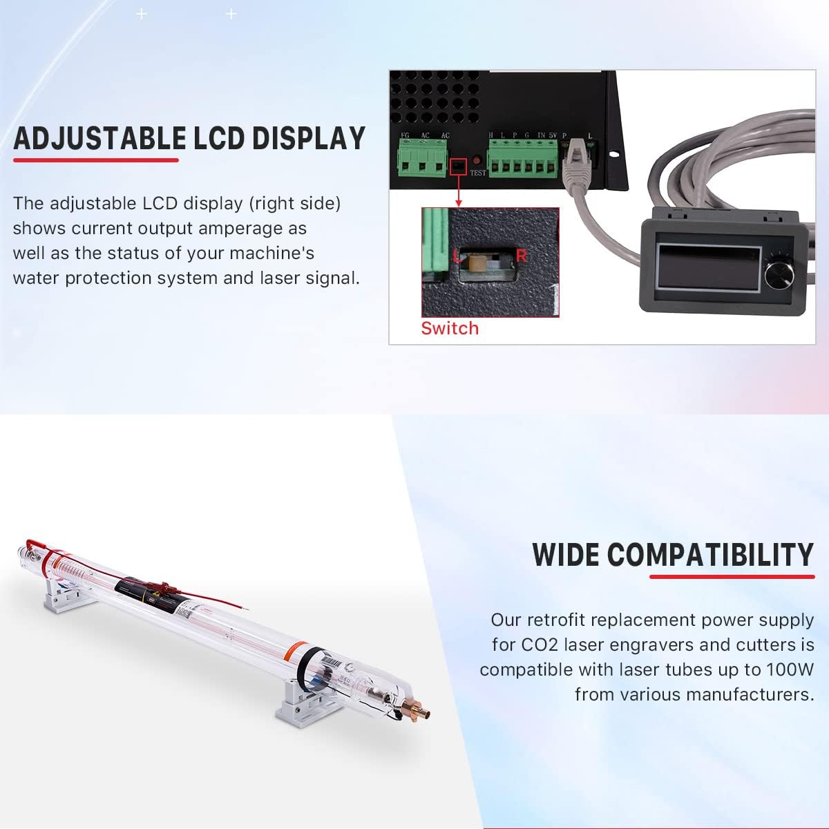 Cloudray CO2 Laser Power Supply 80-100W 220V for CO2 Laser Engraver Cutter M100（Updated MYJG100