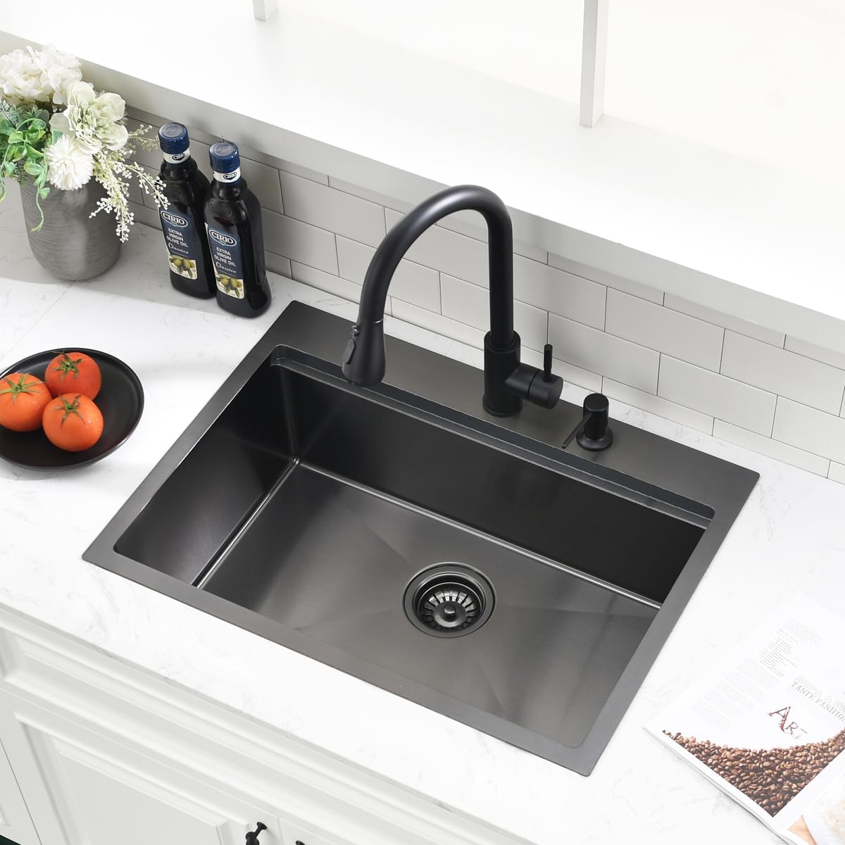 26 inch Black Drop in Kitchen Sink - VOKIM 26'x 19' Inch Drop in sink Workstation 16 Gauge Single Bowl top mount Sink With Cutting Board& colander