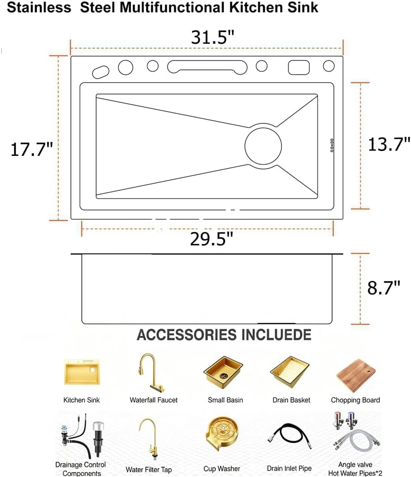 Gold Nano Stainless Steel Kitchen Sink - Single Bowl Workstation with Integrated Waterfall Pull-Out Faucet & Complete Accessory Set (31.5 X 17.7 Inch)