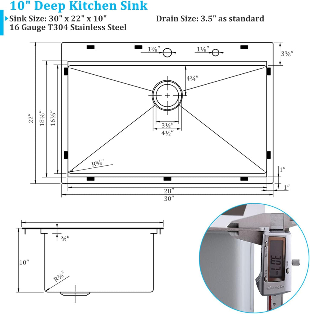 30 Inch Drop In Kitchen Sink, 30x22 Single Bowl Stainless Steel Kitchen Sink Drop in Workstation 16 Gauge Handmade with Cutting Board