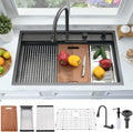 33 Inch Black Drop In Waterfall Kitchen Sink Workstation -Bokaiya 33x19 Black Stainless Steel Sink with Faucet Combo 16 Gauge 10' Deep Top Mount Single Bowl Modern Kitchen Sink