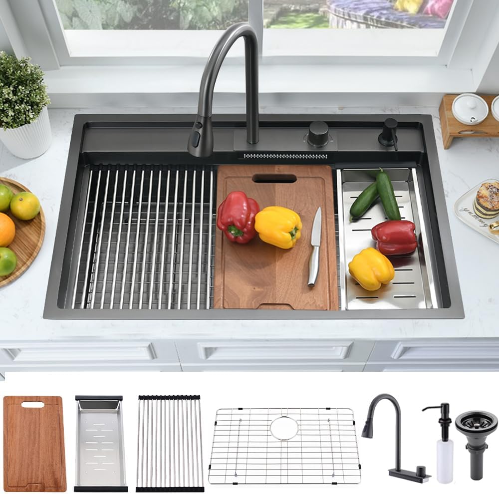 33 Inch Black Drop In Waterfall Kitchen Sink Workstation -Bokaiya 33x19 Black Stainless Steel Sink with Faucet Combo 16 Gauge 10' Deep Top Mount Single Bowl Modern Kitchen Sink