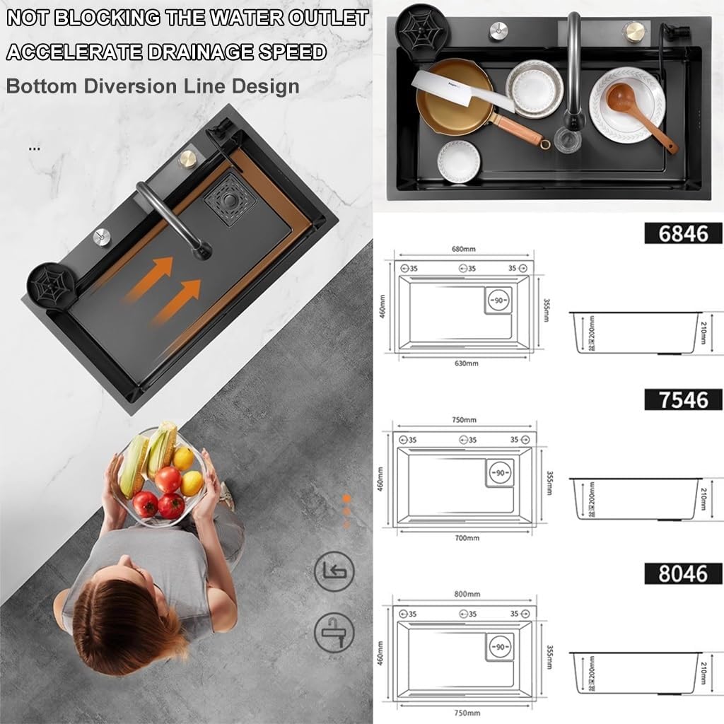 Stainless Steel Single-Bowl Kitchen Sink Multifunctional Waterfall Sink Nano-Coated Workstation Sink with Waterfall Pull-Down Faucet and Complete Accessory (80x45x22cm