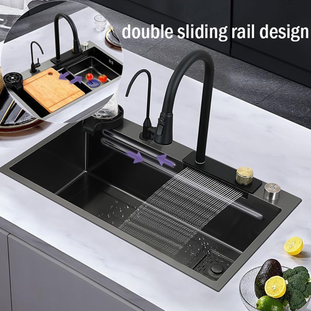 Black Stainless Steel Waterfall Sink Single Bowl Kitchen Sink with Faucet and Cup Rinser, Deep Bar Sink Drop-In/Undermount Farmhouse Workstation Sink with Accessories (31.5x17.7in)