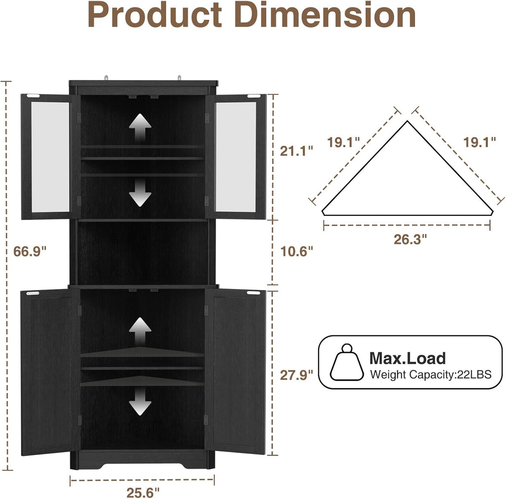 67''H Black Tall Farmhouse Corner Storage Cabinet with 4 Tempered Glass Doors and Barn Doors, Narrow Bathroom Cabinet with 2 Adjustable Shelves, Corner Hutch for Kitchen, Dining Living Room