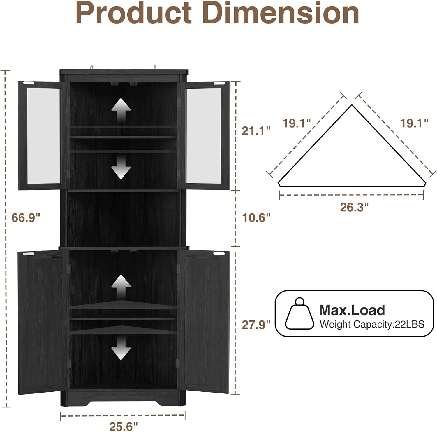 67''H Black Tall Farmhouse Corner Storage Cabinet with 4 Tempered Glass Doors and Barn Doors, Narrow Bathroom Cabinet with 2 Adjustable Shelves, Corner Hutch for Kitchen, Dining Living Room