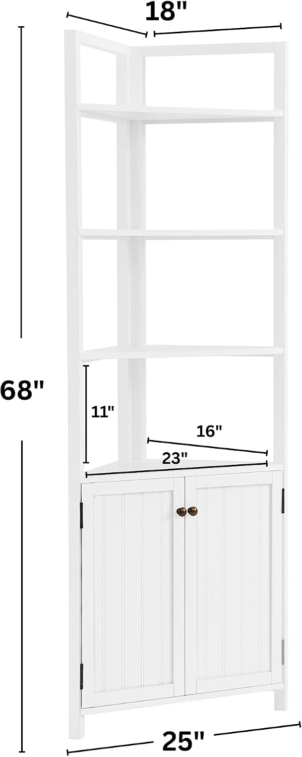 Alaterre Furniture Dover Corner Bathroom Storage Cabinet – 25' x 68' Tall Freestanding Corner Cabinet with 2 Doors, Open Shelves, Adjustable Inside Shelving, and Space-Saving Design (White)
