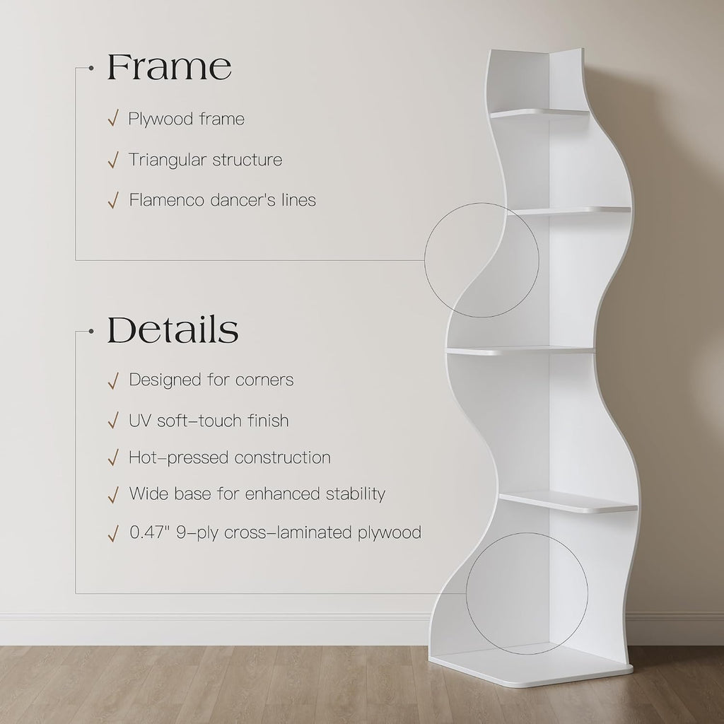 YOWOS 69.4' 5-Tier Modern Corner Bookshelf – Wavy Wooden Display Shelf with Storage, Narrow Corner Bookcase for Small Spaces, Ideal for Plants, Books & Decor (White)