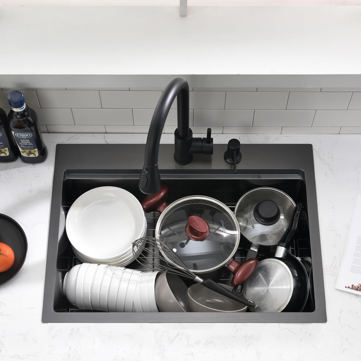 26 inch Black Drop in Kitchen Sink - VOKIM 26'x 19' Inch Drop in sink Workstation 16 Gauge Single Bowl top mount Sink With Cutting Board& colander
