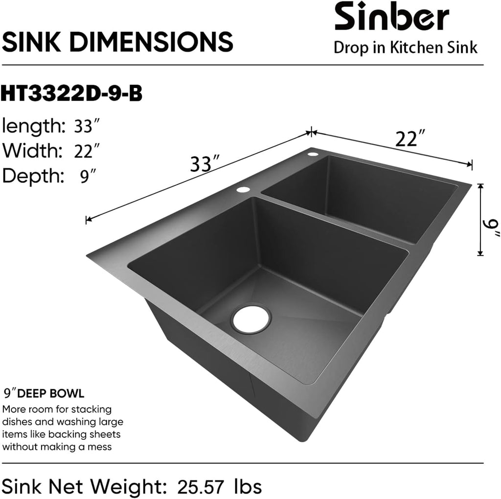 Sinber HT3322D-9-B Drop in Double Bowl 304 Stainless Steel Kitchen Sink (33' x 22' x 9'(Black Sink Only))