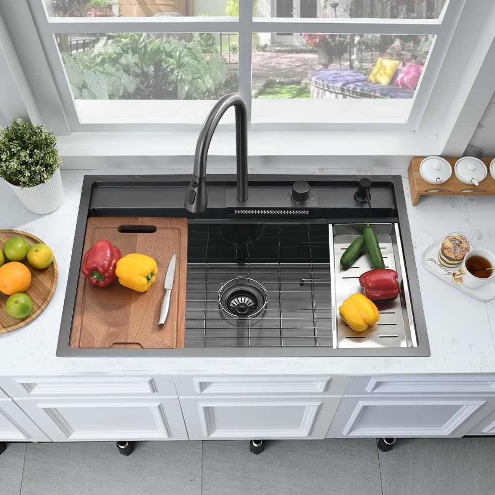 33 Inch Black Drop In Waterfall Kitchen Sink Workstation -Bokaiya 33x19 Black Stainless Steel Sink with Faucet Combo 16 Gauge 10' Deep Top Mount Single Bowl Modern Kitchen Sink