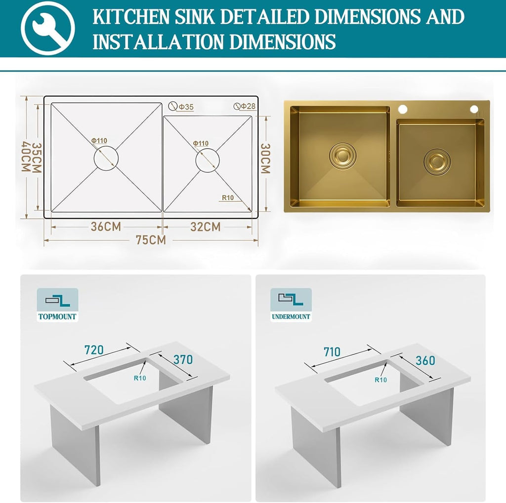 Gold Double Bowl Kitchen Sink, Stainless Steel Nano-Coated, Double Basin Sink, Drop-in Undermount with Gold Sink Stopper Drain Strainer 80 * 45cm