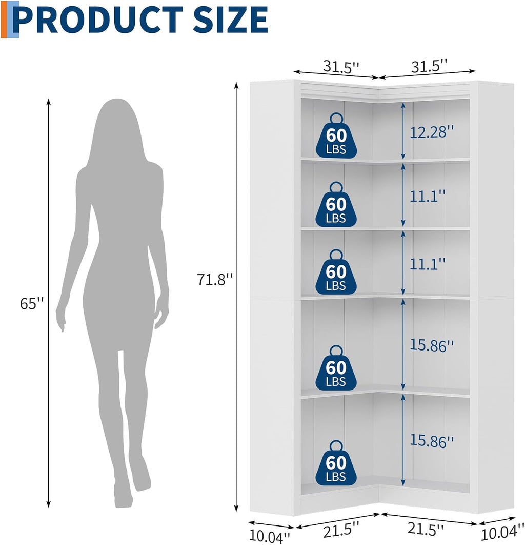 GarveeHome Corner Bookshelf, 71.8 in White Corner Bookcase, L-Shaped Bookshelf Large Bookcase, 5 Tier Display Shelf Heavy Duty Bookcases, Bookshelves with Storage