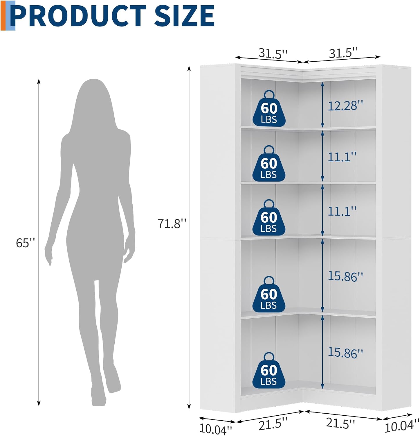 GarveeHome Corner Bookshelf, 71.8 in White Corner Bookcase, L-Shaped Bookshelf Large Bookcase, 5 Tier Display Shelf Heavy Duty Bookcases, Bookshelves with Storage