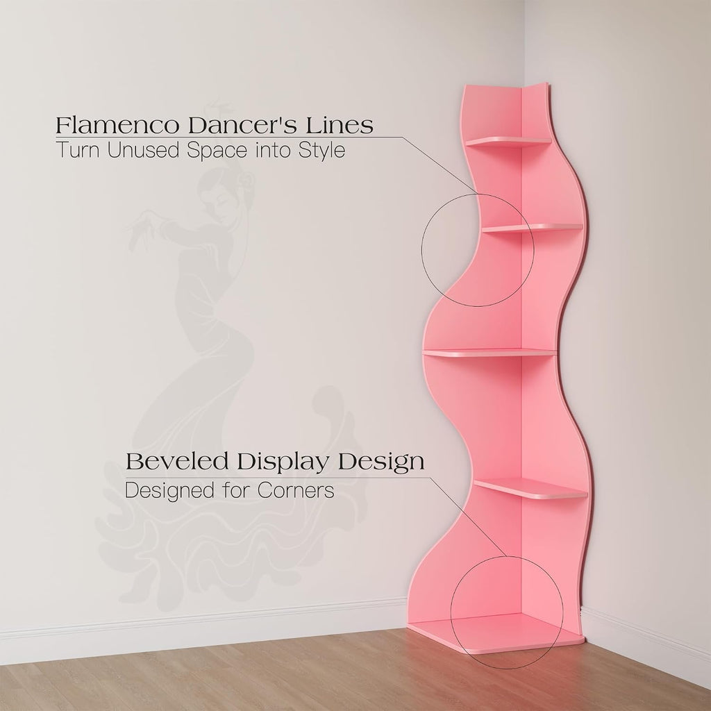 YOWOS 69.4' 5-Tier Modern Corner Bookshelf – Wavy Wooden Display Shelf with Storage, Narrow Corner Bookcase for Small Spaces, Ideal for Plants, Books & Decor (Pink)