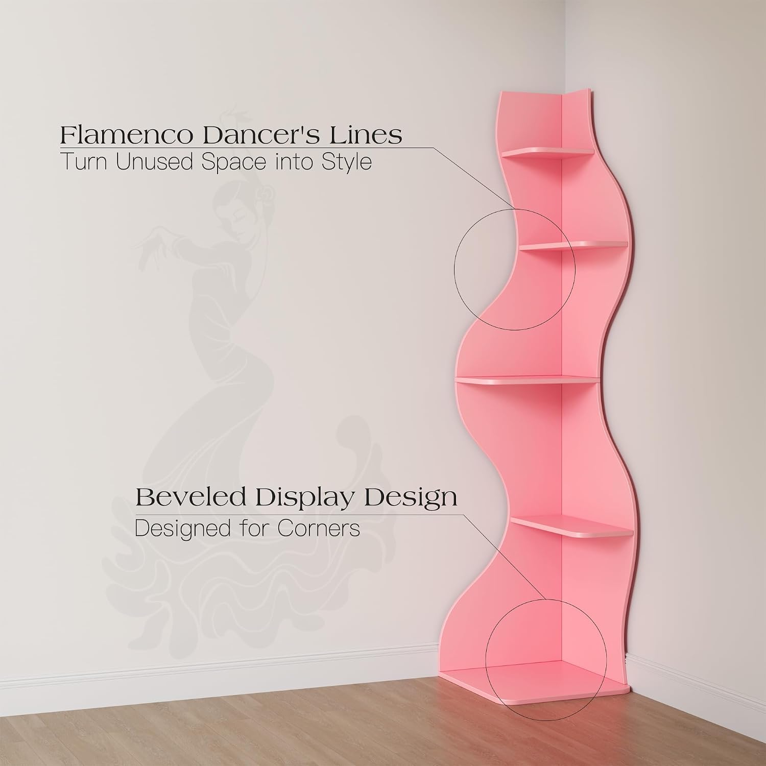YOWOS 69.4' 5-Tier Modern Corner Bookshelf – Wavy Wooden Display Shelf with Storage, Narrow Corner Bookcase for Small Spaces, Ideal for Plants, Books & Decor (Pink)