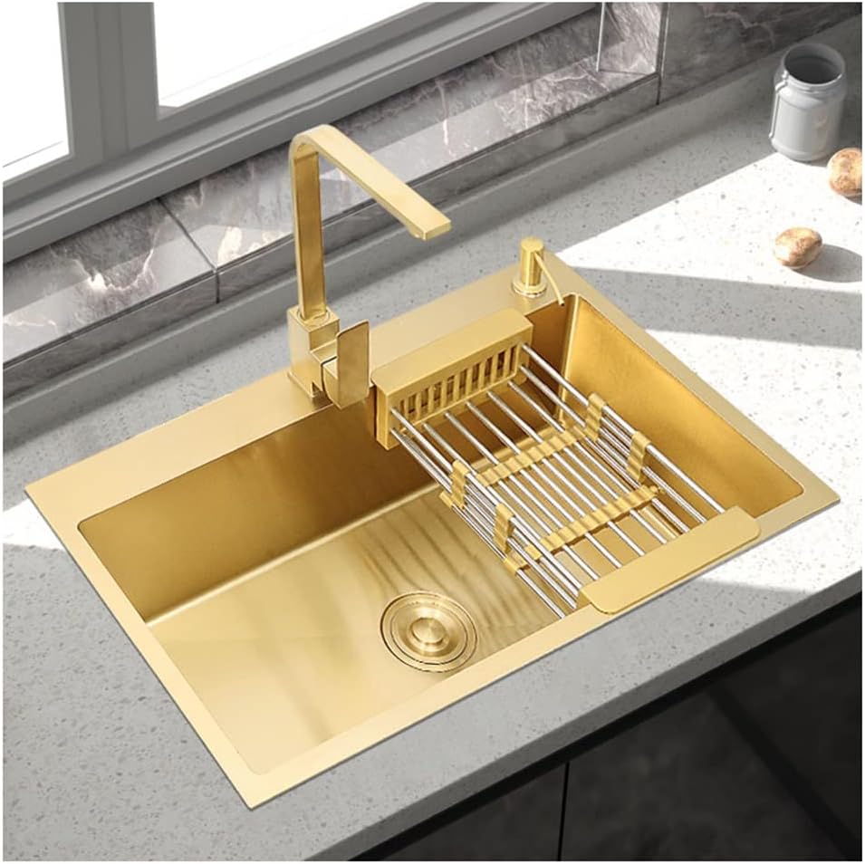 Gold Kitchen Sink - Single Bowl 16 Gauge Stainless Steel Sink - Single Bowl Undermount or Drop-in, 5 Sizes (Color : Kit-A, Size : 75x45x22cm) (KitC 75x45x22cm)
