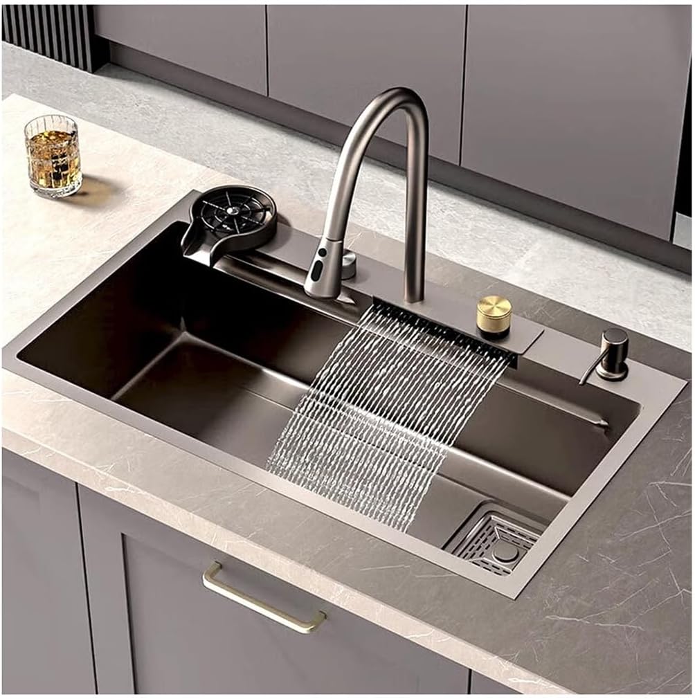 Waterfall Sink Stainless Steel Single-Bowl Kitchen Workstation Sink Waterfall Pull-Down Faucet and Complete Accessory Set Dual-Mount (Color : A, Size : 80x45x22cm) (A 68x45x22cm)