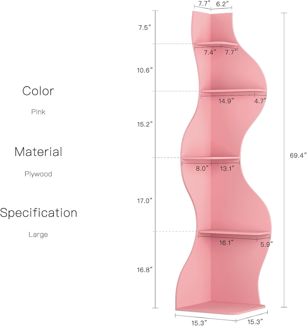 YOWOS 69.4' 5-Tier Modern Corner Bookshelf – Wavy Wooden Display Shelf with Storage, Narrow Corner Bookcase for Small Spaces, Ideal for Plants, Books & Decor (Pink)