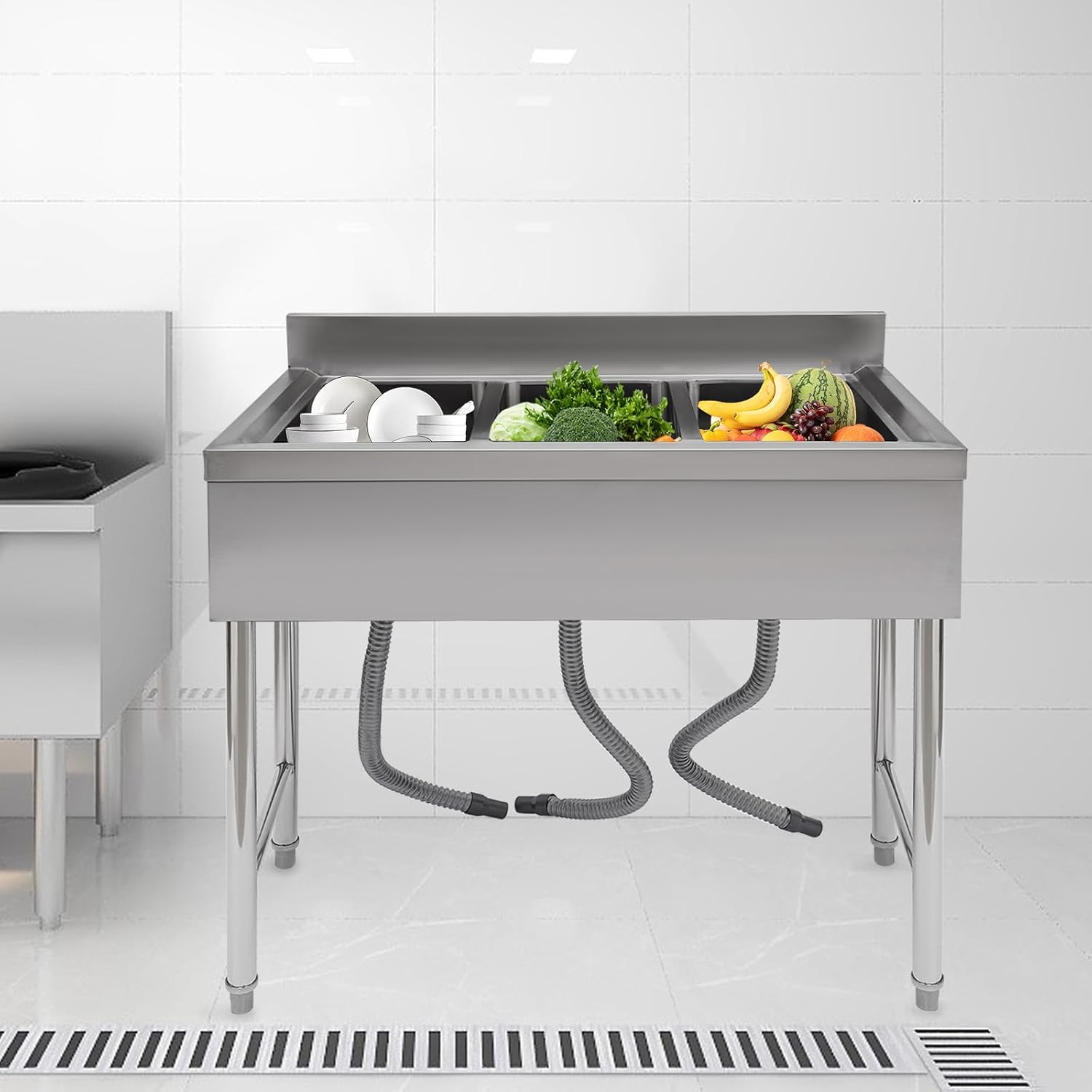Kitchen Sink, 3 Compartment Bowl Free Standing, Commercial Sink 3 Bowl Waterfall Prep & Utility Washing Hand Basin Stainless Steel Workstation Sink with Faucet for Restaurant Bar Garage