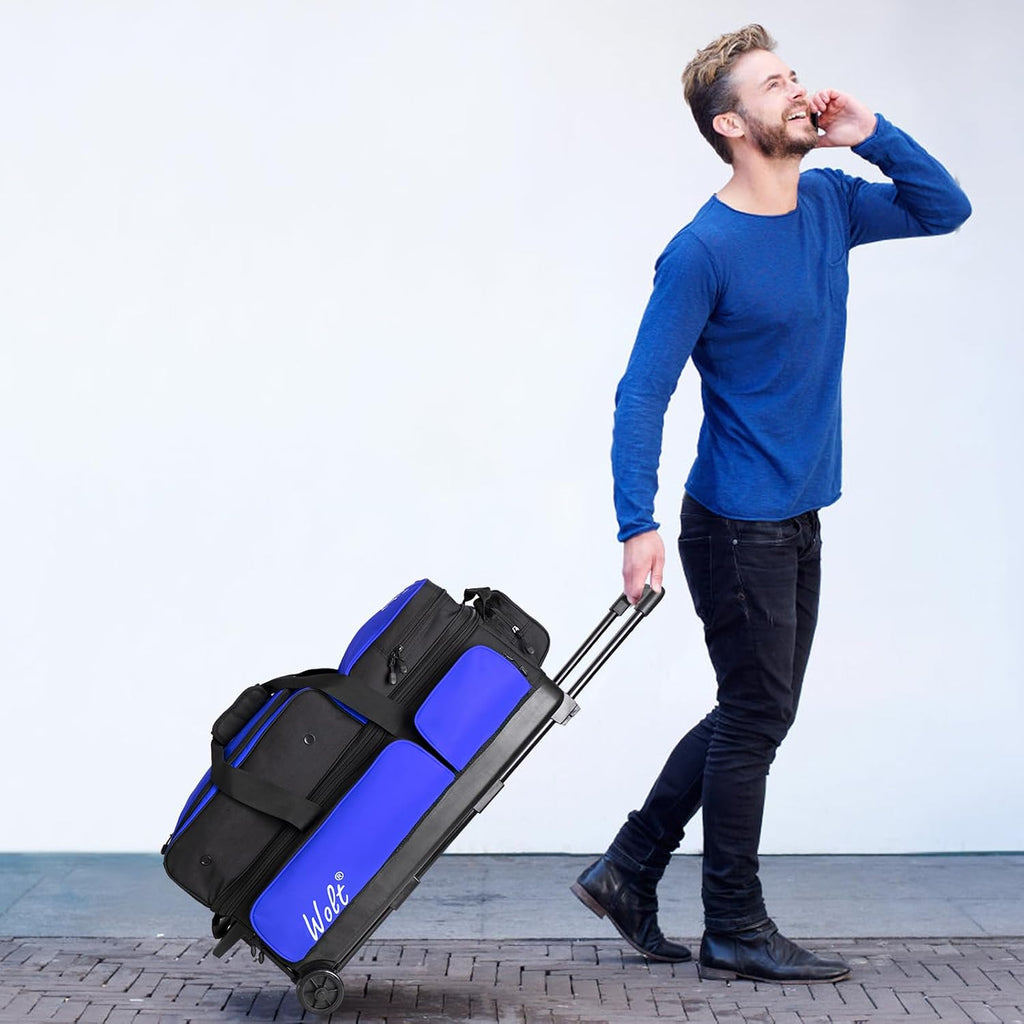 WOLT 3 Ball Bowling Bags with Wheels,Bowling Ball Bag 3 Ball Roller with Separate Shoe Compartment and Accessory Pocket, Retractable Handle Extends to 38''