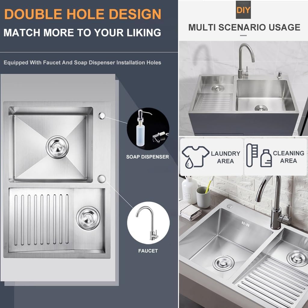 Bathro Sinks with Washboard Large 304 Stainless Steel Laundry Sink Multifunctional Kitchen Sink with Big Bend Faucet and Drainage Cponent (Color : Silver, Size : 70x48x21cm)