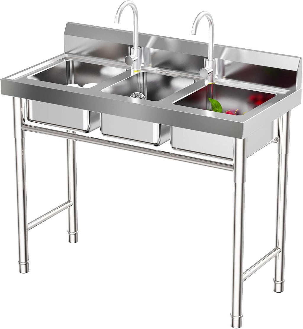 39' x 18' x 35.8' 3 Compartment Stainless Steel Sink, Commercial Utility Sink Freestanding Triple Bowl Kitchen Sinks with Three Basins and Pre-Drilled Faucet Holes for Bar Restaurant Kitchen Hotel