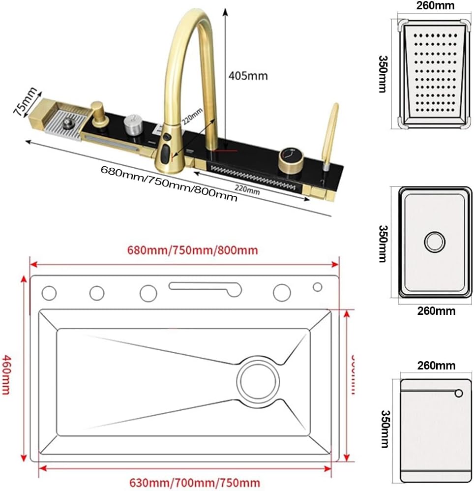 Stainless Steel Kitchen Sink Golden Single Bowl Waterfall Sink Multi-Functional Bar Sink with Integrated Faucet, Drain Basket, Drain Basin, Cup Washer (Color : Gold, Size : 75x45x21cm) (Gold 68x45