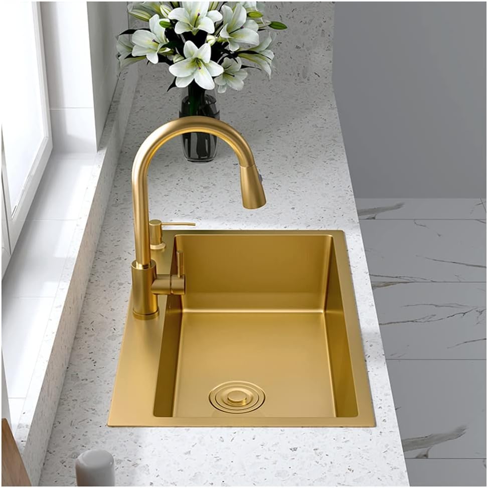 Single Bowl Kitchen Sink - Gold Kitchen Sink - Drop in & Top Mount Kitchen Sink - 16 Gauge Stainless Steel Kitchen Sinks,KitD-68x45x22cm