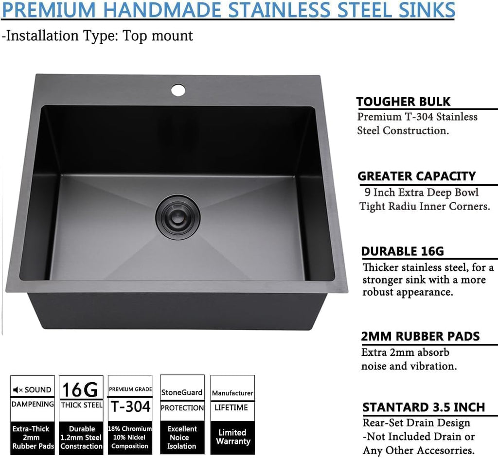 SHACO 18x18 Inch Drop In Black Bar Sink, 18 Inch Gunmetal Black Top Small Mount Kitchen Sink, 304 Stainless Steel 16 Gauge Single Bowl Laundry Prep RV Sink with Strainer Drain