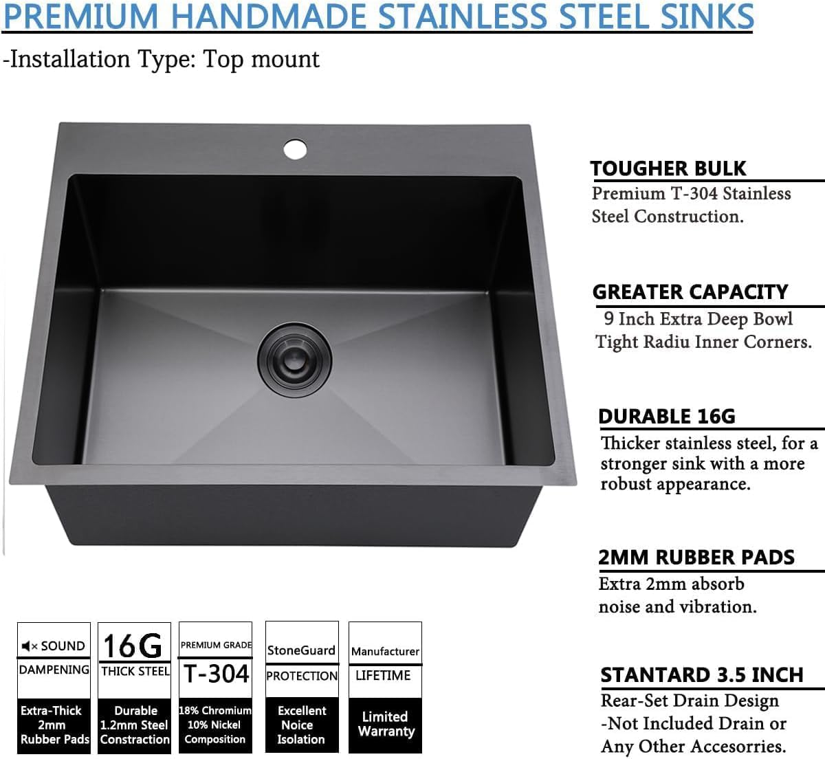 SHACO 18x18 Inch Drop In Black Bar Sink, 18 Inch Gunmetal Black Top Small Mount Kitchen Sink, 304 Stainless Steel 16 Gauge Single Bowl Laundry Prep RV Sink with Strainer Drain