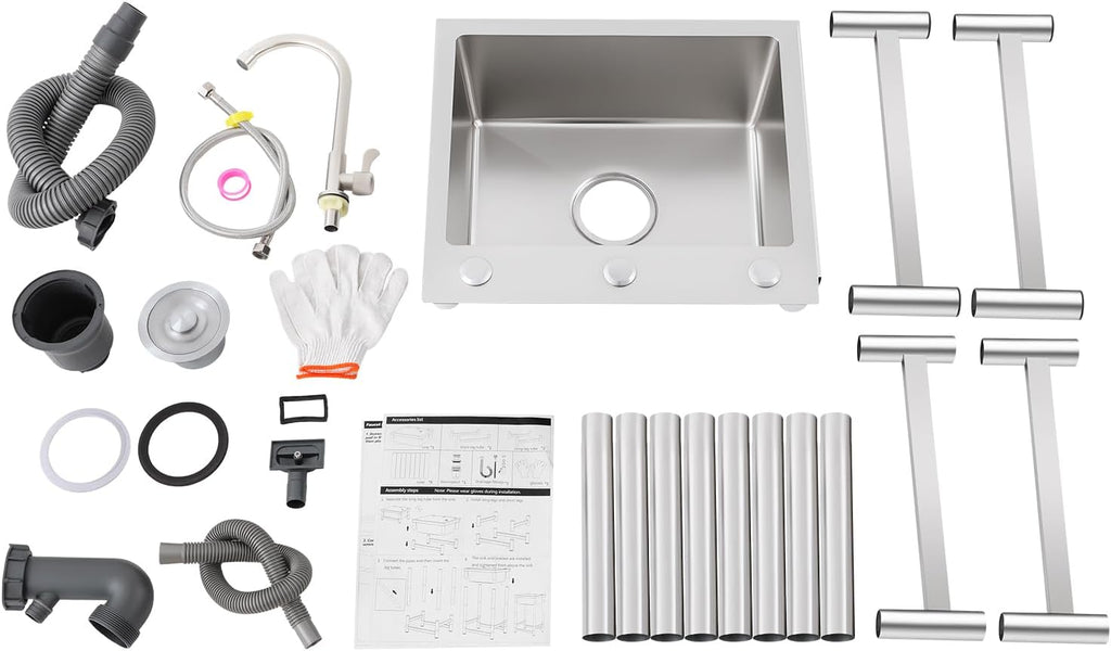 Utility Sinks Commercial Stainless Steel Sink Freestanding Triple Bowl Kitchen with 2 Cold and Hot Water Faucets Hoses Drain Kit Indoor Outdoor for Kitchens Garage Laundry Room