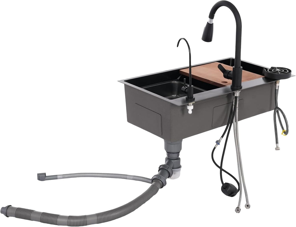 DYRABREST 29.5 Inch Stainless Steel Kitchen Sink Multi-Function Commercial Sink Set with Cutting Board & Basin-in-Basin, Drop-In/Undermount Install, Cup Rinser and Drainer for Restaurant Home (Black)