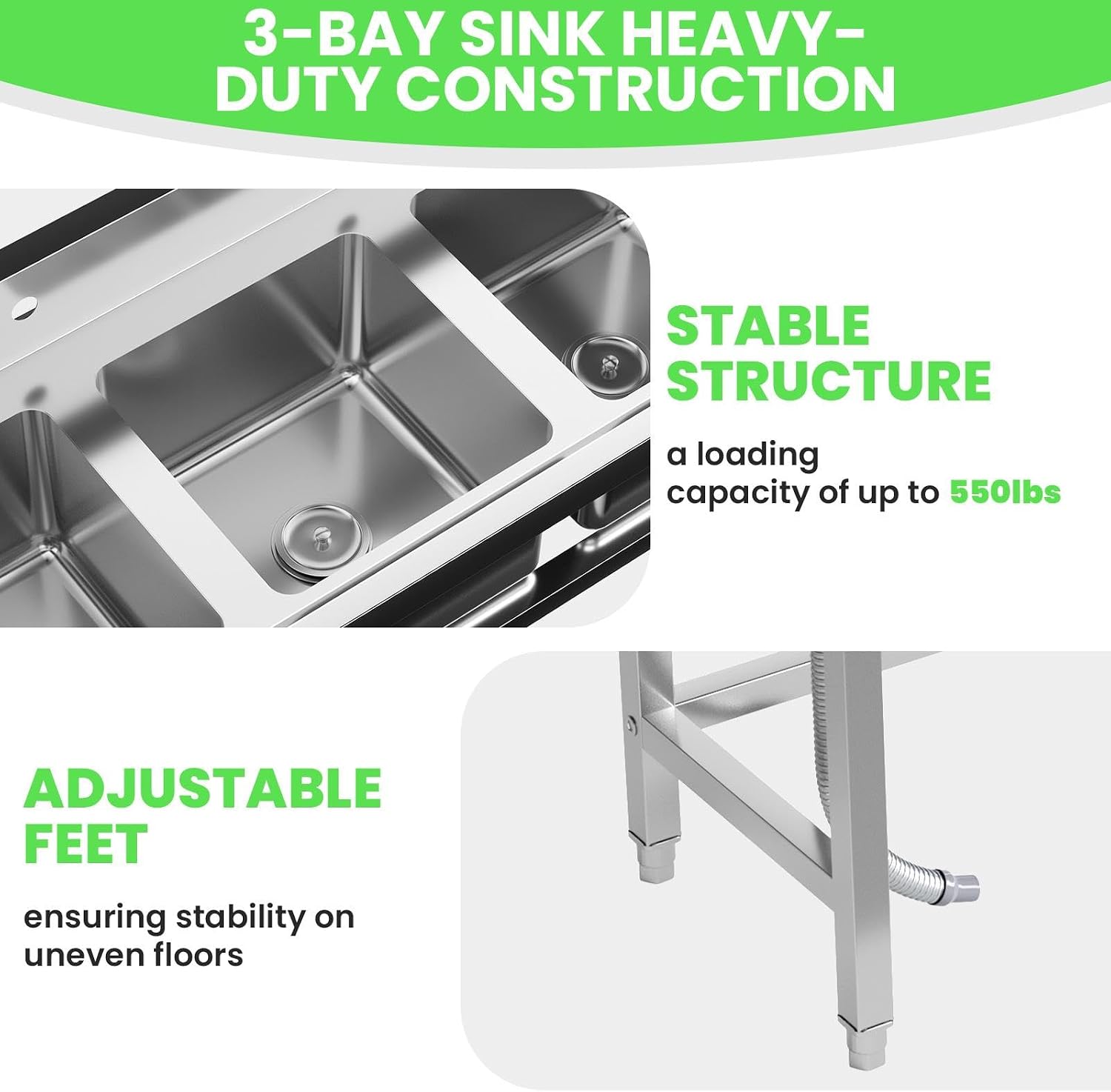 3 Compartment Sink Commercial, Stainless Steel Utility Sink for Restaurant Bar Kitchen, Extra Large Triple Bowl Commercial Sink for Food Prep and Cleaning (3 Compartment)