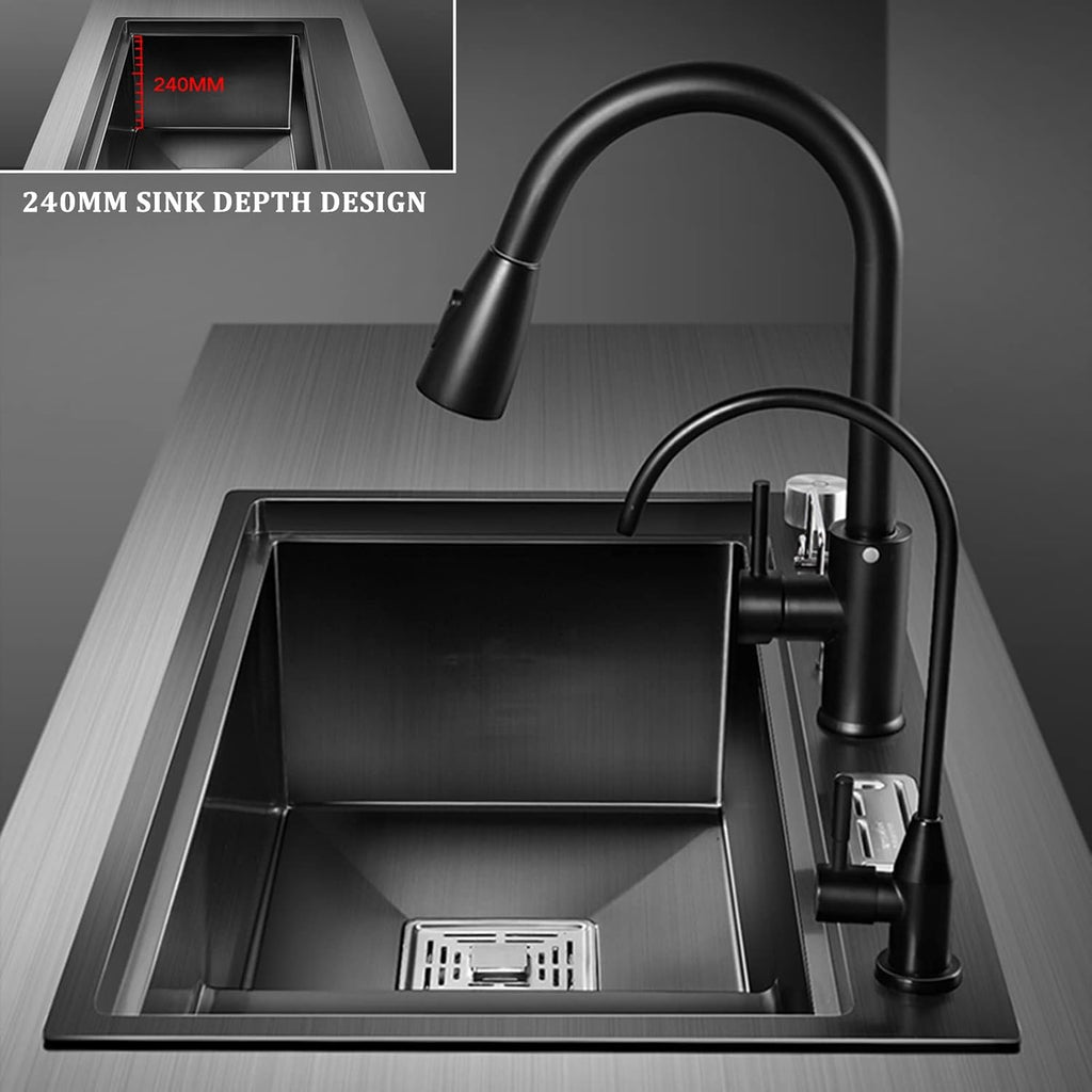 Nano Multi-Functional Step Sink 304 Stainless Steel Single Bowl Kitchen Sink Bar Sink with Pull-Out Faucet Top Mount Or Undermount (Color : Black, Size : 80x45x24cm) (Black 70x45x24cm)