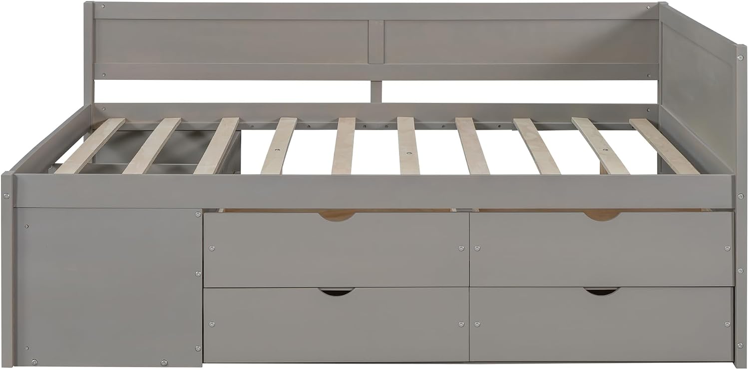 Harper & Bright Designs Full Size Corner Bed Frame with 4 Storage Drawers & Bookshelves,Wood Daybed with L Shape Headboard for Bedroom Living Room Nook,Gray