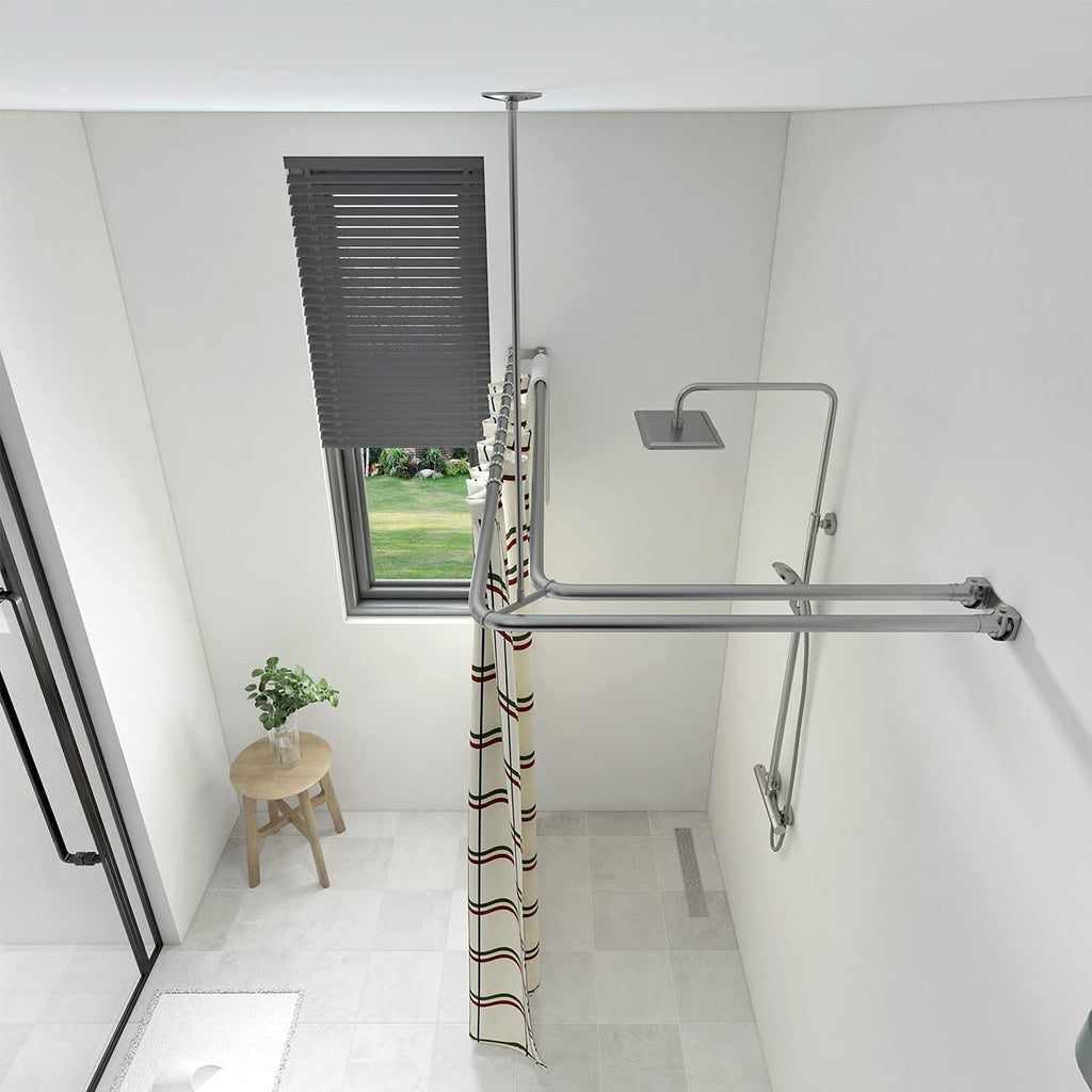 Naiture Dual Corner Rods Double Corner L Shaped Shower Curtain Rod with T Shape Ring Ceiling Support, Stainless Steel 60'' x 30'', Brushed Nickel Finish