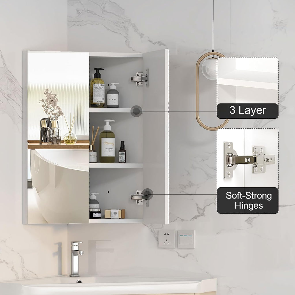 Corner Medicine Cabinet with Mirror,Bathroom Corner Mirror Cabinet with 2 Doors,Medicine Cabinet Wall Mounted for Small Space,2 Fixed Shelves,White,24' x18'
