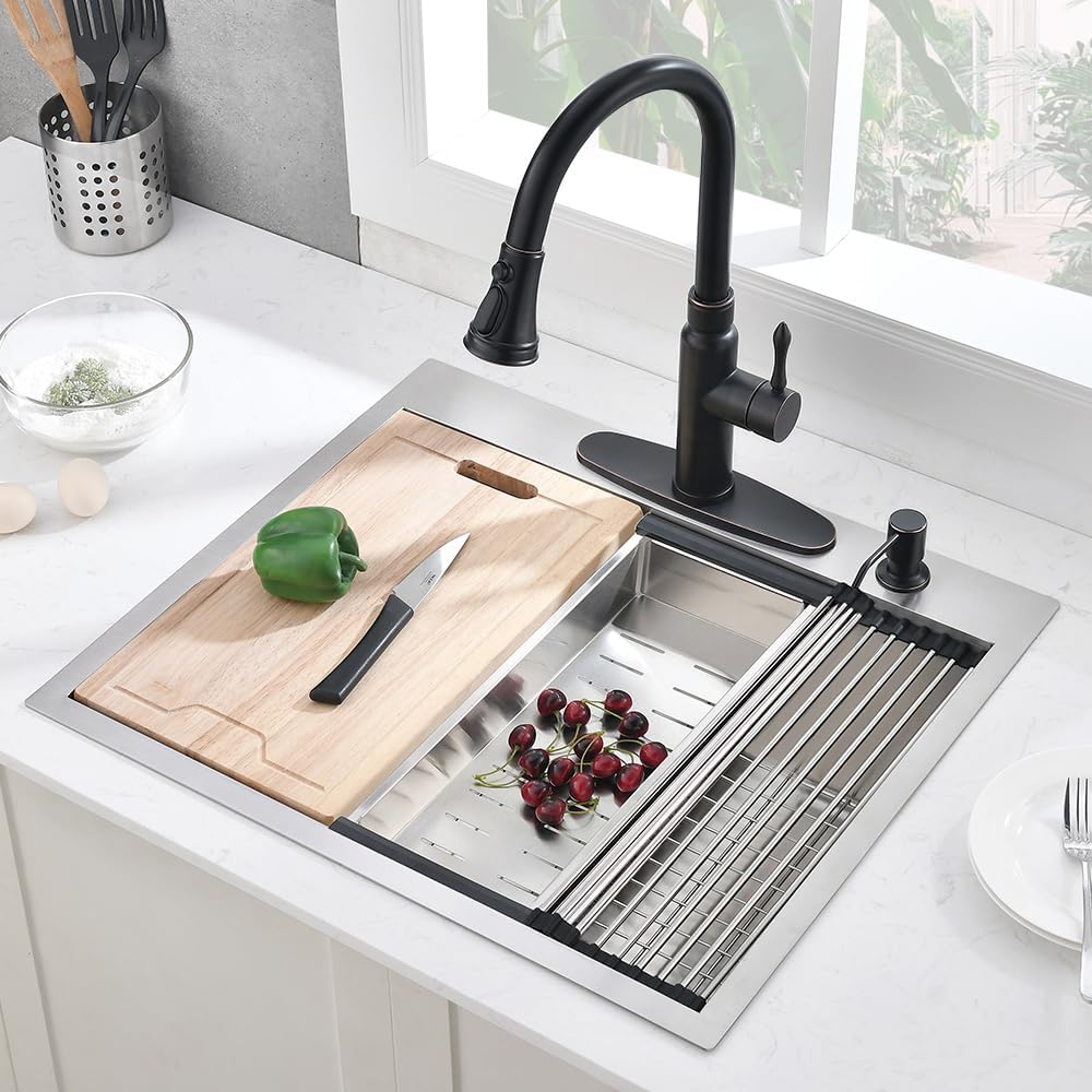 25 Inch Drop in Kitchen Sink Workstation, 25x22 Drop in Kitchen Sink Stainless Steel Single Bowl 16 Gauge Topmount Handmade Basin