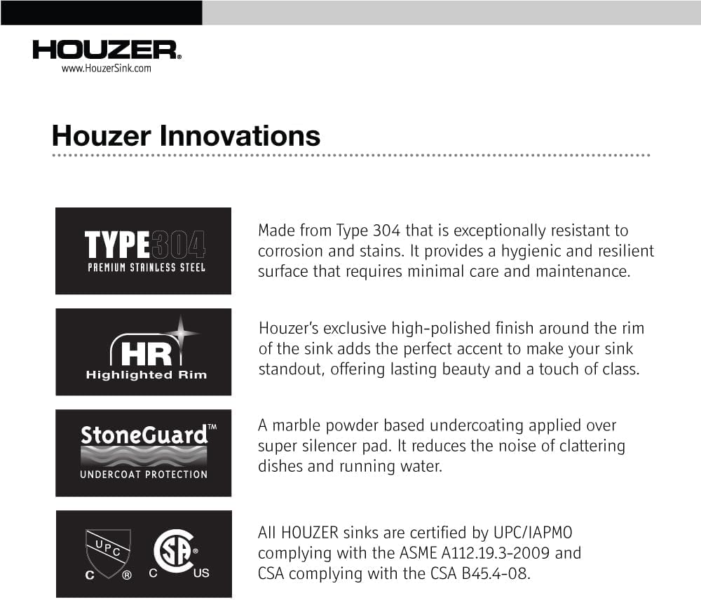 Houzer 3322-8BS3-1 Glowtone Series Topmount Stainless Steel 3-hole 50/50 Double Bowl Kitchen Sink, 8-Inch Deep