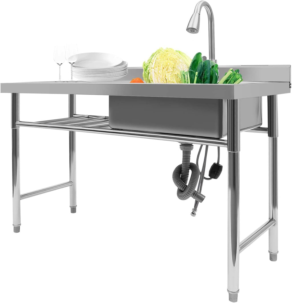 Commercial Sink, 201 Stainless Steel Sink With Cold and Hot Water Faucet Indoor Floor Standing Sink for Kitchen Hotel Restaurant Storage Shelves Prep Table Workbench Utility Sink