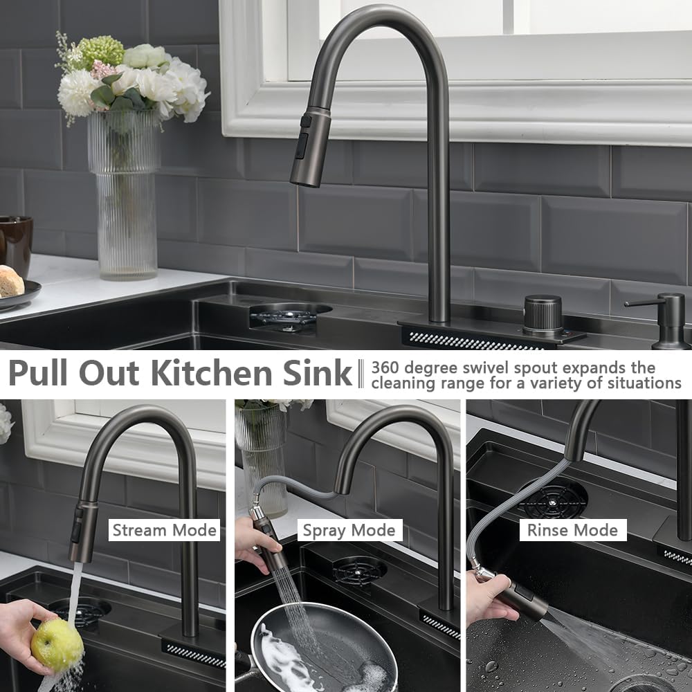 33 Black Drop In Waterfall Kitchen Sink Workstation-VASOYO 33x22 Black Stainless Steel Waterfall Kitchen Sink with Facuet and Cup Washer 16 Gauge Multifunctional Deep Single Bowl Topmount Smart Sinks