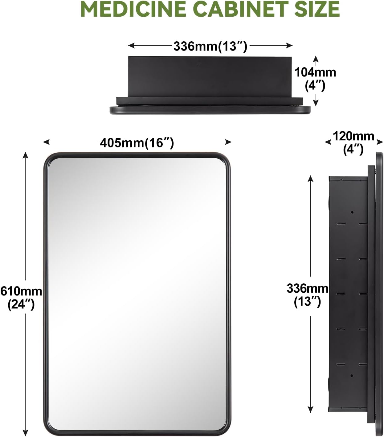 16 x 24 Black Bathroom Medicine Cabinet with Mirror Metal Frame Recessed Or Wall Mounted Single Door Storage Medicine Cabinets with Adjustable Shelves Rounded Corner Beveled Mirrors