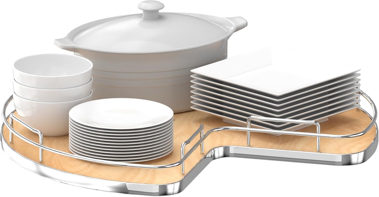 REV-A-SHELF 28' Maple Solid Bottom Kidney-Shaped Lazy Susan for Corner Base Cabinet w/Swivel Bearing